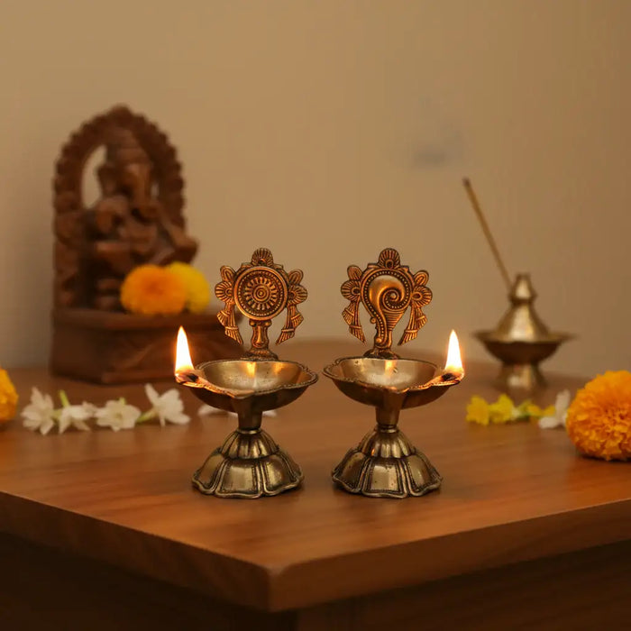 Pair of Ornate Brass Standing Diyas - Traditional Oil Lamps with Auspicious Symbols   Brass Ware
