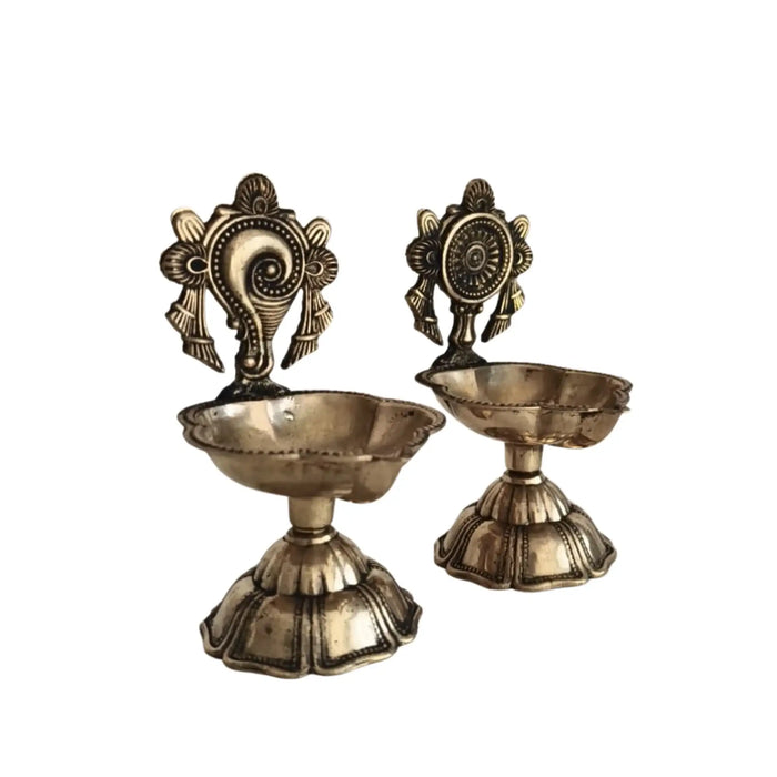 Pair of Ornate Brass Standing Diyas - Traditional Oil Lamps with Auspicious Symbols   Brass Ware