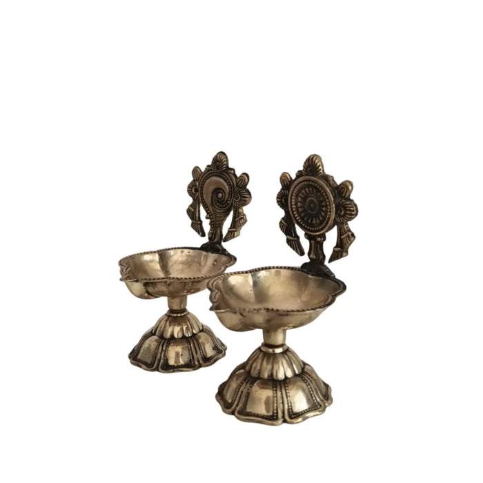 Pair of Ornate Brass Standing Diyas - Traditional Oil Lamps with Auspicious Symbols   Brass Ware