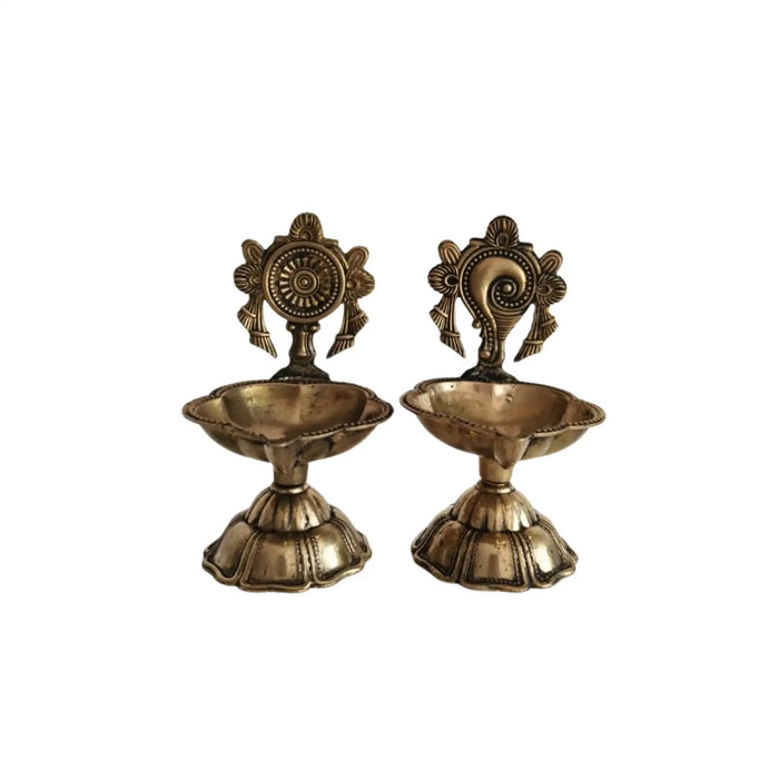 Pair of Ornate Brass Standing Diyas - Traditional Oil Lamps with Auspicious Symbols   Brass Ware