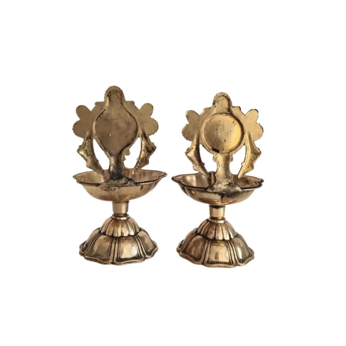 Pair of Ornate Brass Standing Diyas - Traditional Oil Lamps with Auspicious Symbols   Brass Ware