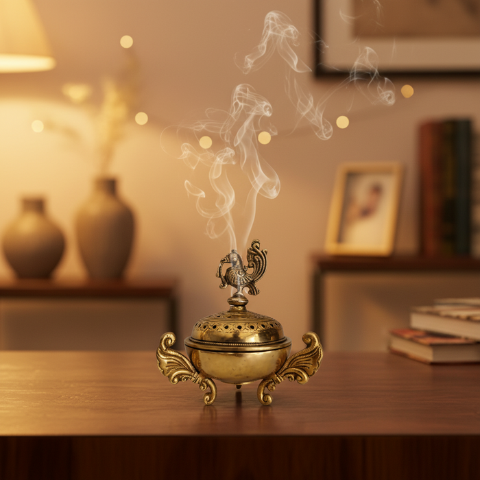 Royal Peacock Brass Sambrani Burner   Brass Artwork