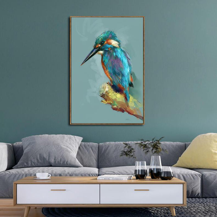 PERCHED KINGFISHER - FRAMED BRUSHED CANVAS WALL DECOR