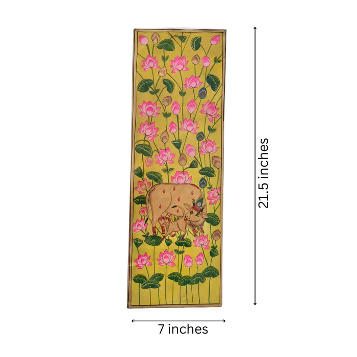 Decorative Pichwai with floral design and measurements on a white background