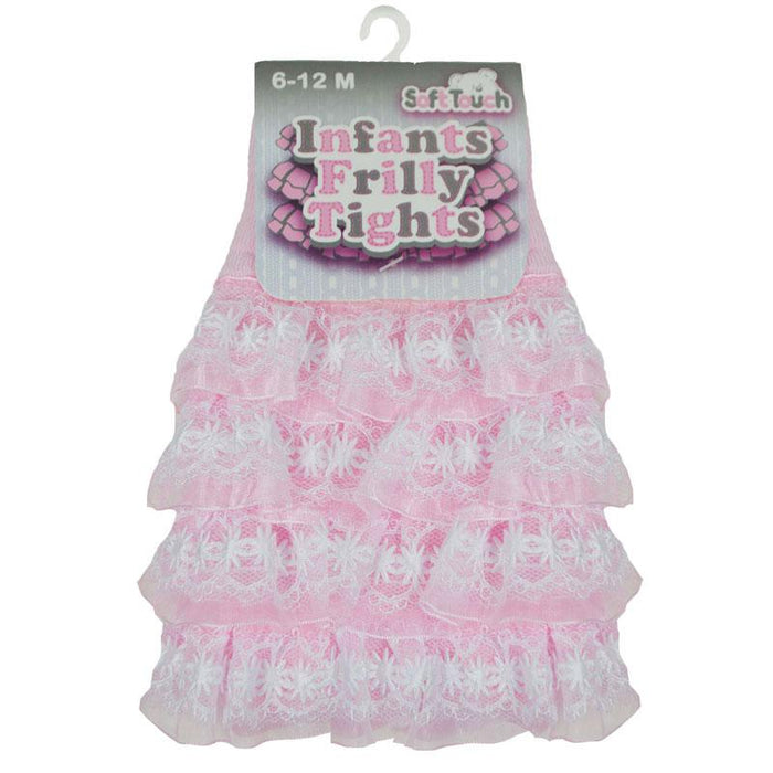 PINK RIBBED TIGHTS W/FRILL (NB-18 Months) T126-P - Kidswholesale.co.uk