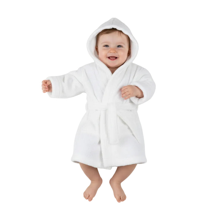 PLAIN WHITE CORAL FLEECE HOODED ROBE: FBR21-0-6-To 24 Month-4FBR22