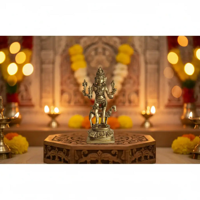 Powerful Brass Kala Bhairava Idol with Dog - Protector Deity Sculpture   Brass Ware