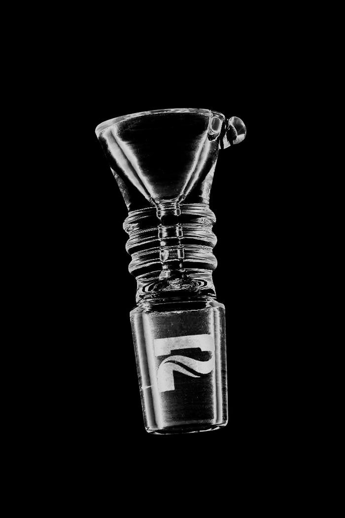 Close-up of a clear Pulsar Glass Slide Bowl viewed from a slight low angle against a black background, showing its ribbed stem and logo on the joint.