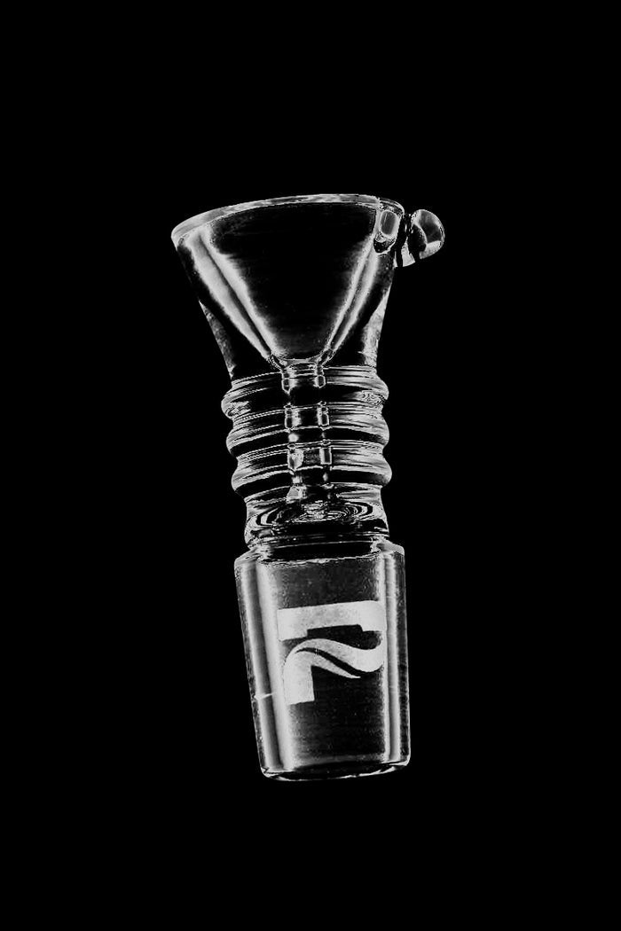 Close-up front view of the Pulsar Glass Slide Bowl against a black background, showing ribbed neck details and logo on the joint.
