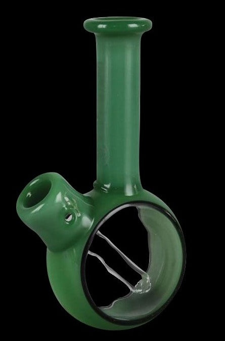 A close-up of the Pulsar Pocket Bubbler, showcasing its green glass construction and compact, handheld design.