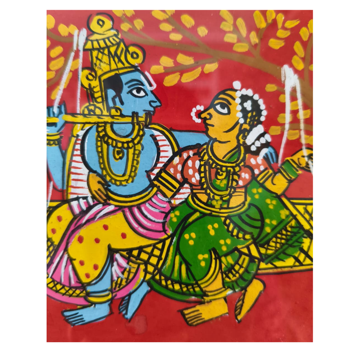 Radha Krishna on Swing (Jhoola) - Handcrafted Cheriyal Folk Art Painting   Cheriyala Painting