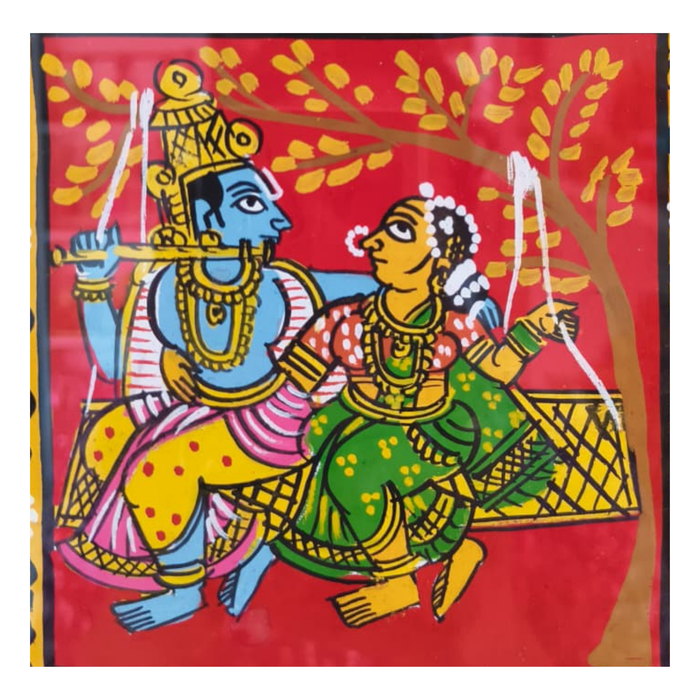 Radha Krishna on Swing (Jhoola) - Handcrafted Cheriyal Folk Art Painting   Cheriyala Painting