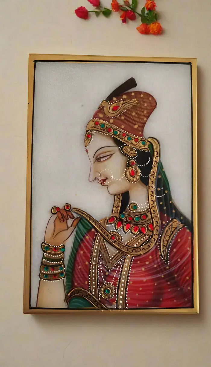 Rajasthan Maharani in Crimson and Gold Marbel Painting   Paintings