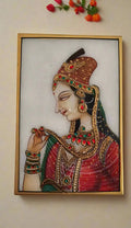 Rajasthan Maharani in Crimson and Gold Marbel Painting   Paintings