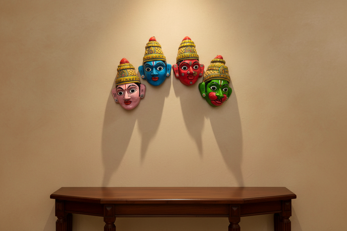 Cheriyal Ram Darbar masks: Ram, Lakshman, Seeta, Hanuman set for religious wall art.