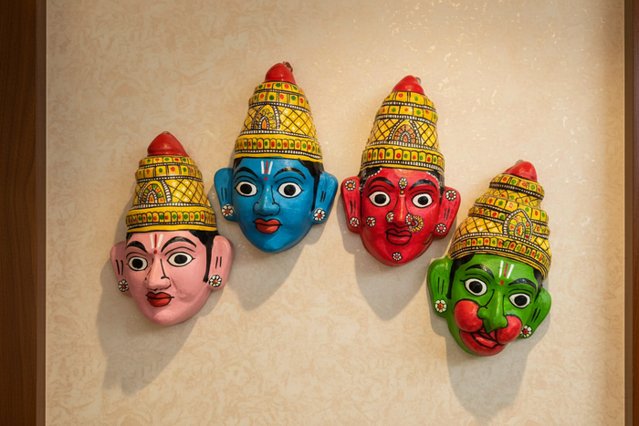 Set of 4 Cheriyal Ram Darbar masks: Ram, Lakshman, Seeta, Hanuman. Religious wall art.