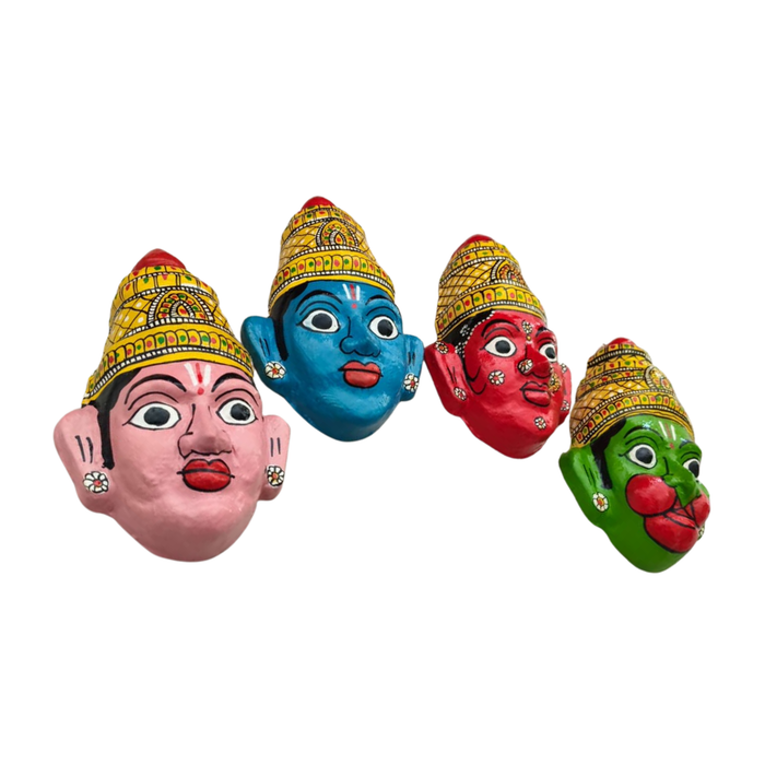 Cheriyal Ram Darbar masks featuring Ram, Lakshman, Seeta, and Hanuman in a religious wall art set.