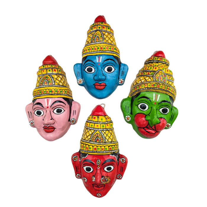 Set of 4 cheriyal ram darbar masks depicting Ram, Lakshman, Seeta, and Hanuman.