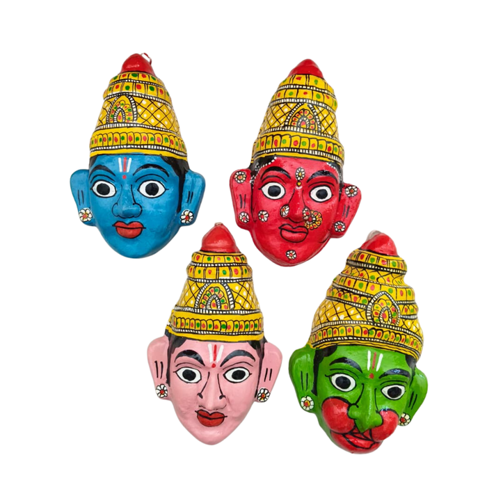 Cheriyal Ram Darbar masks set: Ram, Lakshman, Seeta, Hanuman religious wall art.