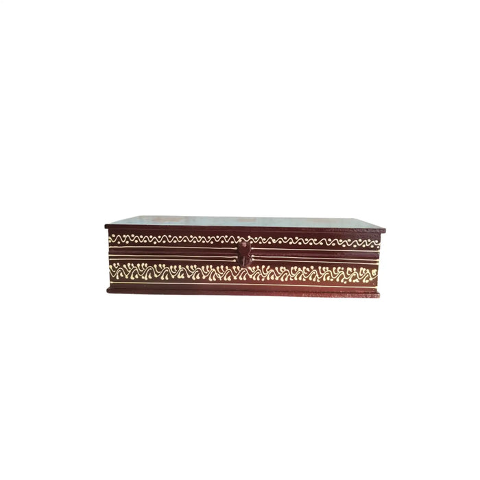 Hand-painted Rajasthani art wooden box featuring regal elephant, horse, and camel designs with intricate detailing