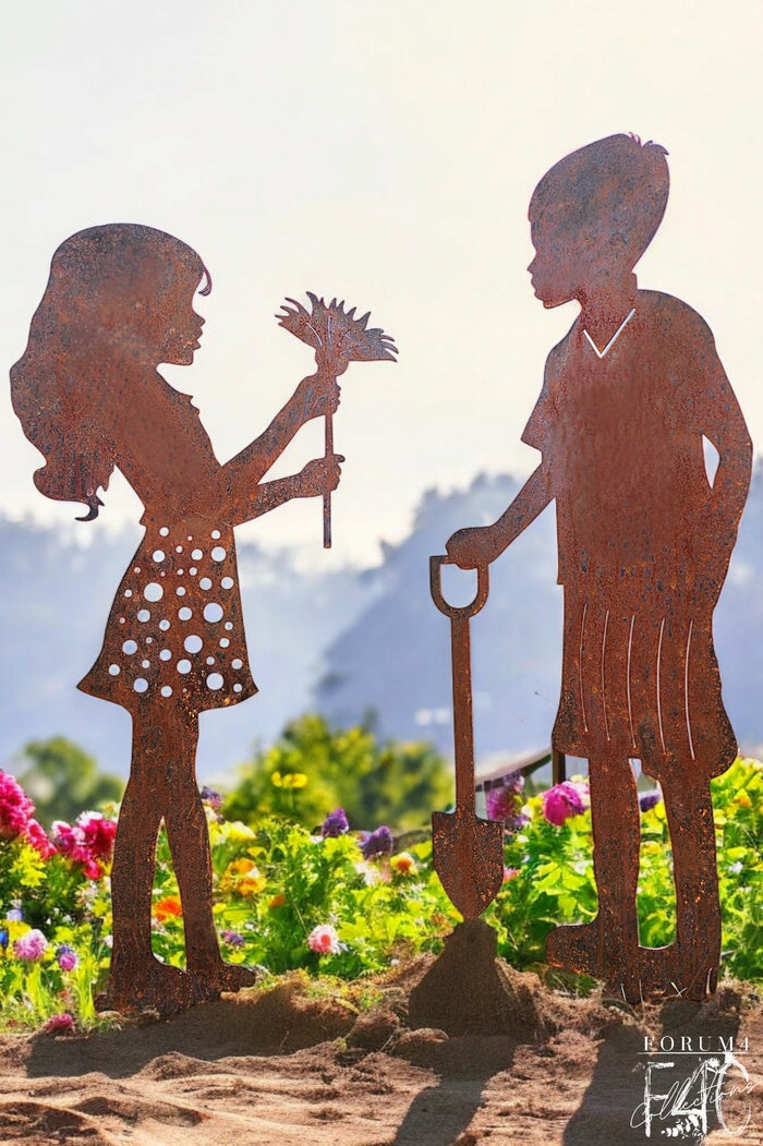 RIVER & RAIN - BOY & GIRL RUSTY METAL GARDEN STAKES - AUSTRALIAN MADE