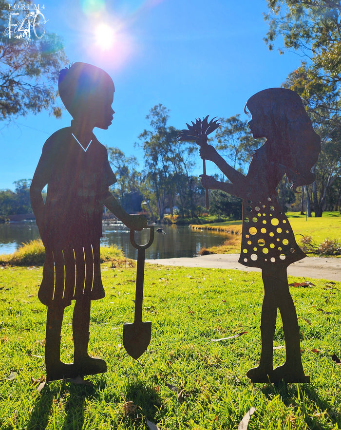 RIVER & RAIN - BOY & GIRL RUSTY METAL GARDEN STAKES - AUSTRALIAN MADE
