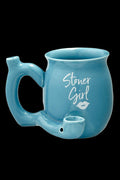 Turquoise ceramic water pipe shaped like a mug, decorated with “Stoner Girl” and lip print graphics.