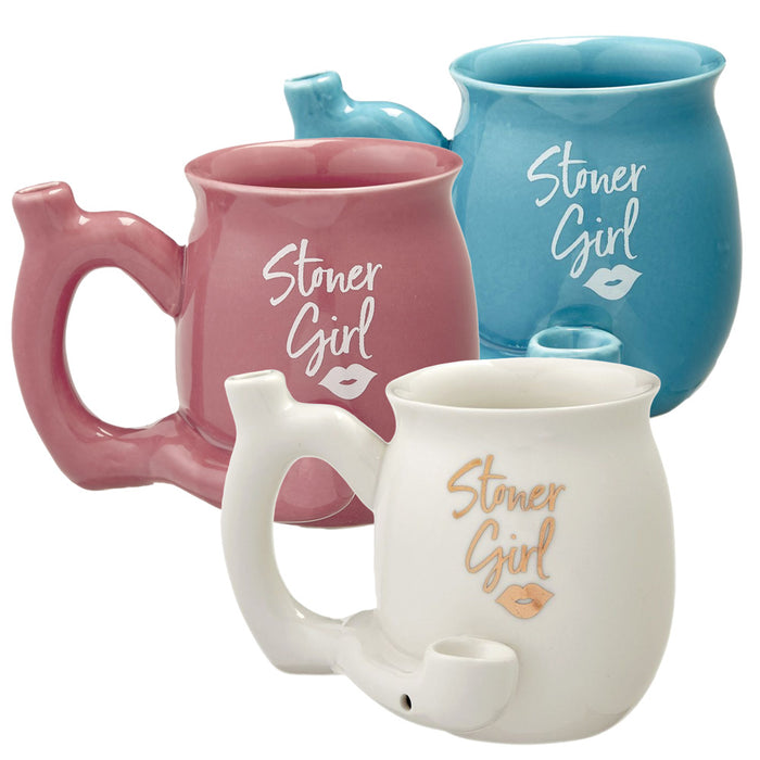 A slightly angled view of the Roast & Toast Stoner Girl Mug Pipe, showcasing its ceramic construction and handle.