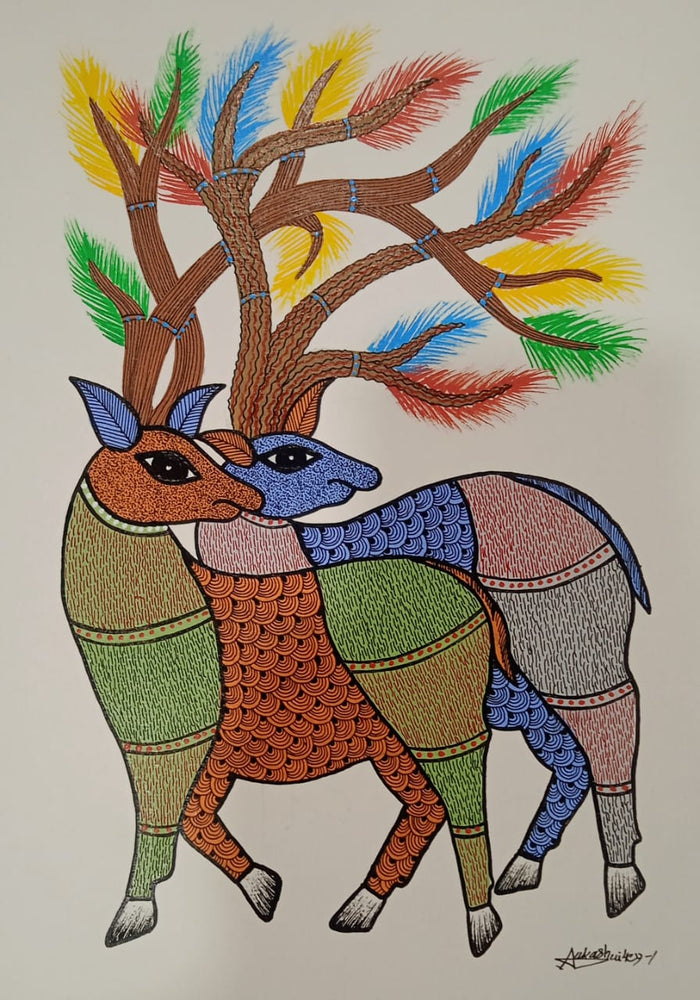 Rooted Within – Dual Deer with Living Antlers Gond Painting   Paintings
