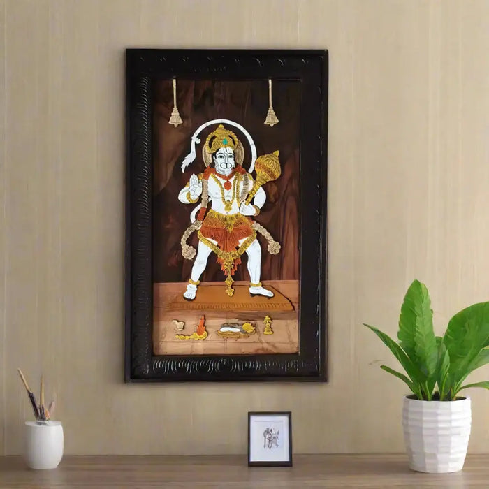 Rosewood Hanuman Inlay Panel with Gada, featuring intricate paintings of Lord Hanuman.