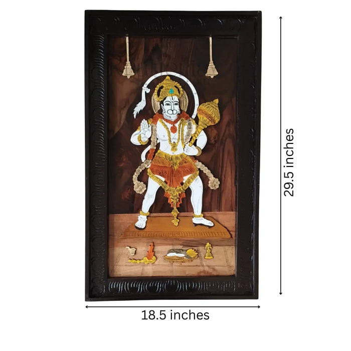Intricate rosewood Hanuman inlay panel, Lord Hanuman with Gada, detailed painting.