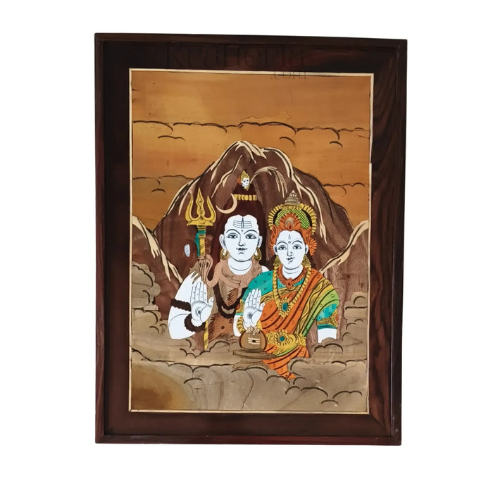 Shiva Parvati rosewood inlay artwork on Mount Kailash frame.