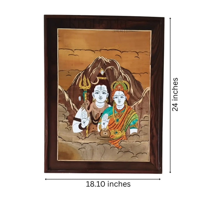 Shiva Parvati rosewood inlay artwork, framed, on Mount Kailash. Religious wall art.