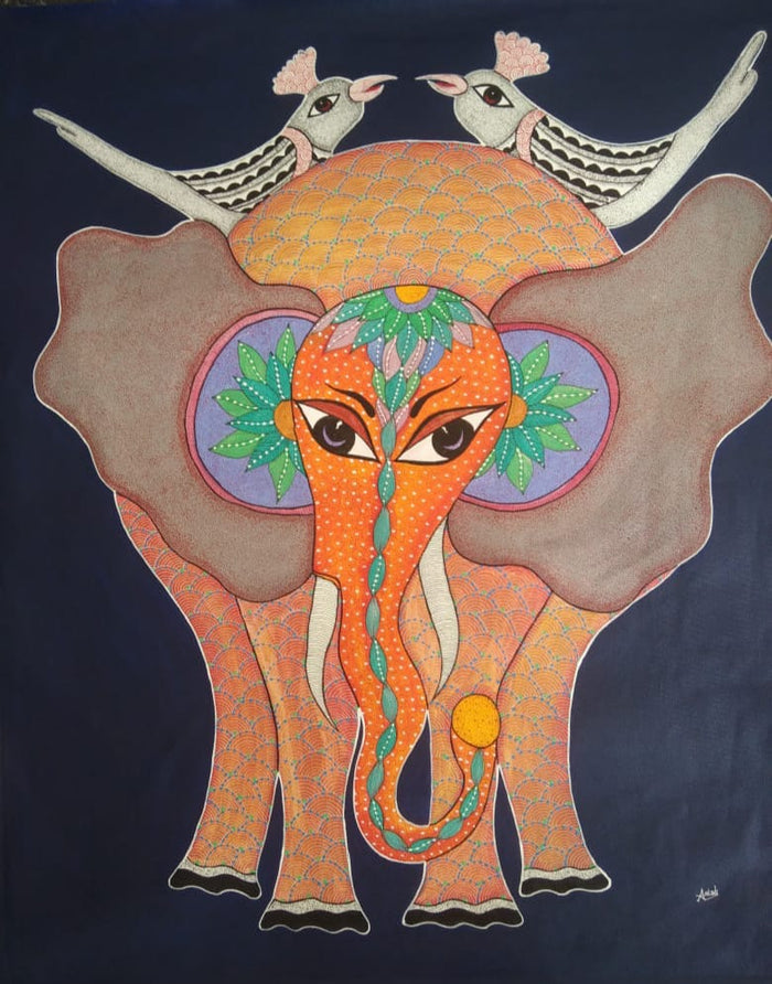 Royal Elephant & Guardian Birds – Gond Painting   Paintings
