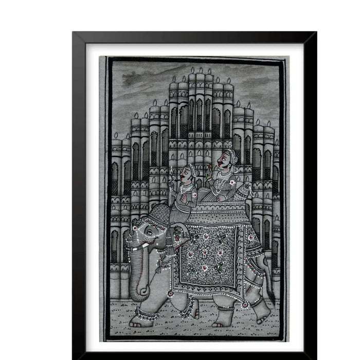 Royal Procession on an Elephant - Indian Miniature Painting in Black and White   Paintings