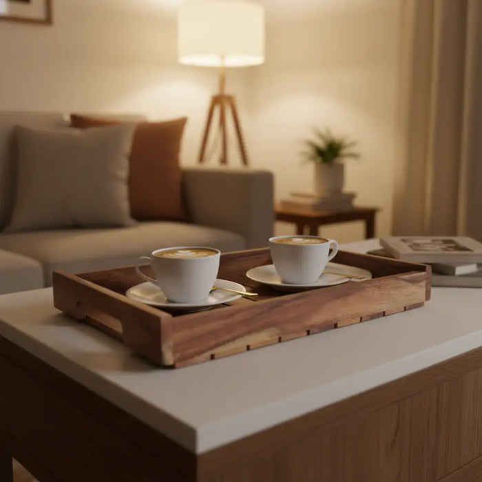 Rustic acacia wood slatted serving tray with natural finish and cutout handles for kitchen and dining use