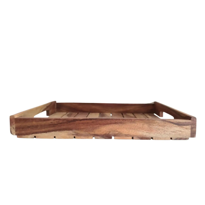 Rustic Acacia Wood Slatted Serving Tray with Cutout Handles   Wood Decorative