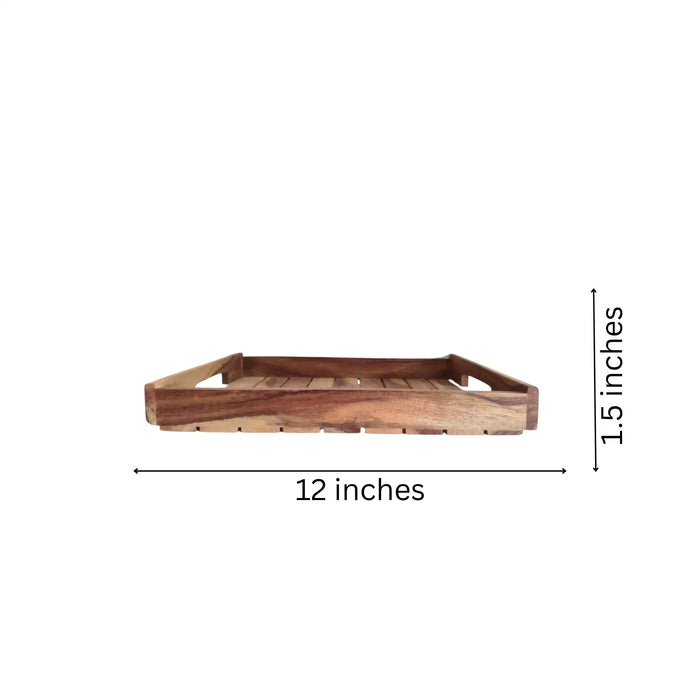 Rustic Acacia Wood Slatted Serving Tray with Cutout Handles   Wood Decorative