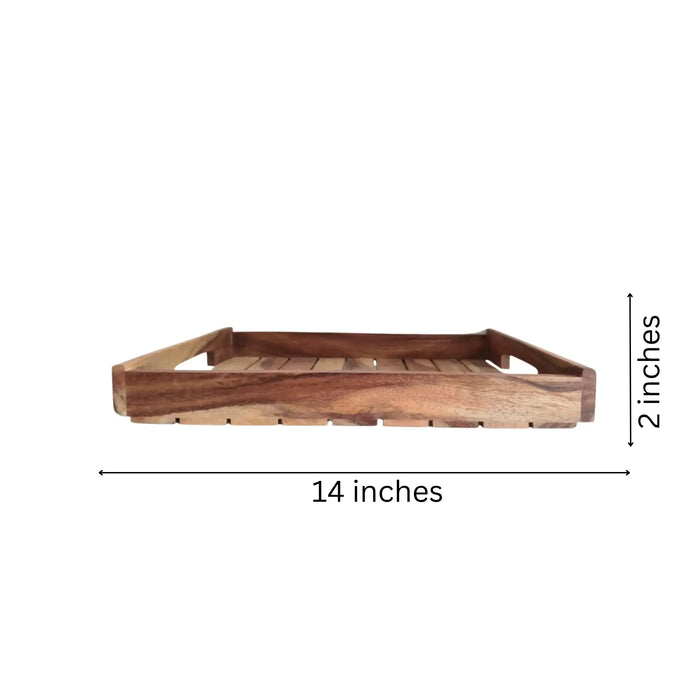 Rustic Acacia Wood Slatted Serving Tray with Cutout Handles   Wood Decorative