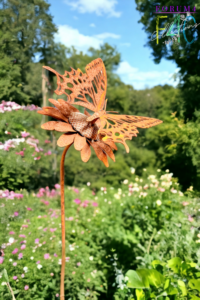 RUSTY BUTTERFLY ON FLOWER GARDEN STAKE