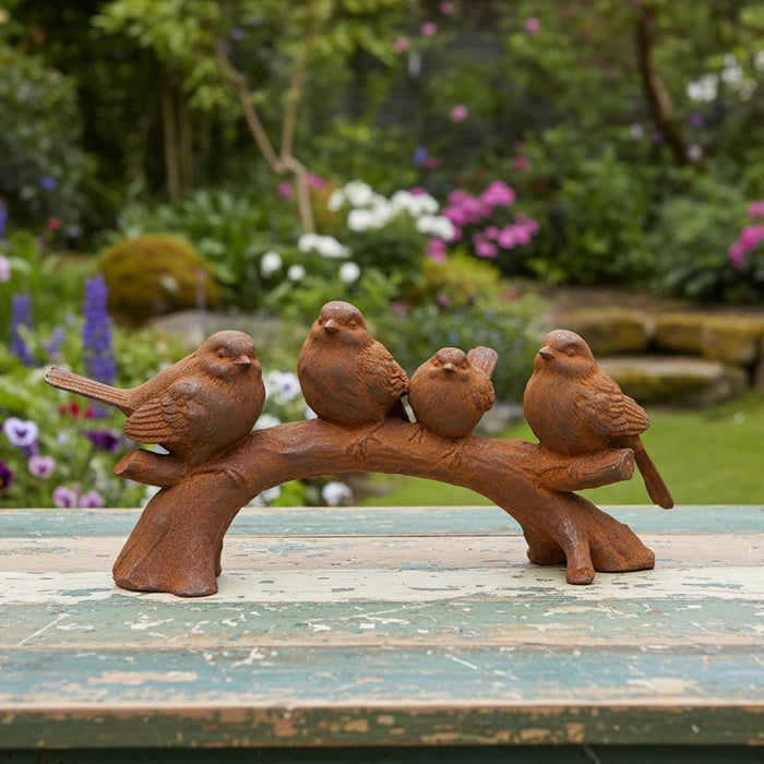 RUSTY CAST IRON BIRDS ON A BRANCH