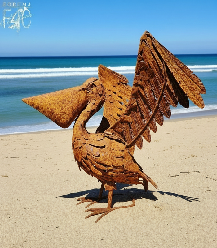 RUSTY FLAPPING PELICAN METAL GARDEN FEATURE