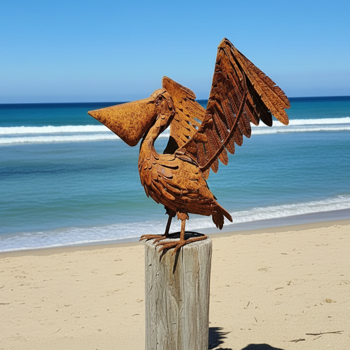 RUSTY FLAPPING PELICAN METAL GARDEN FEATURE