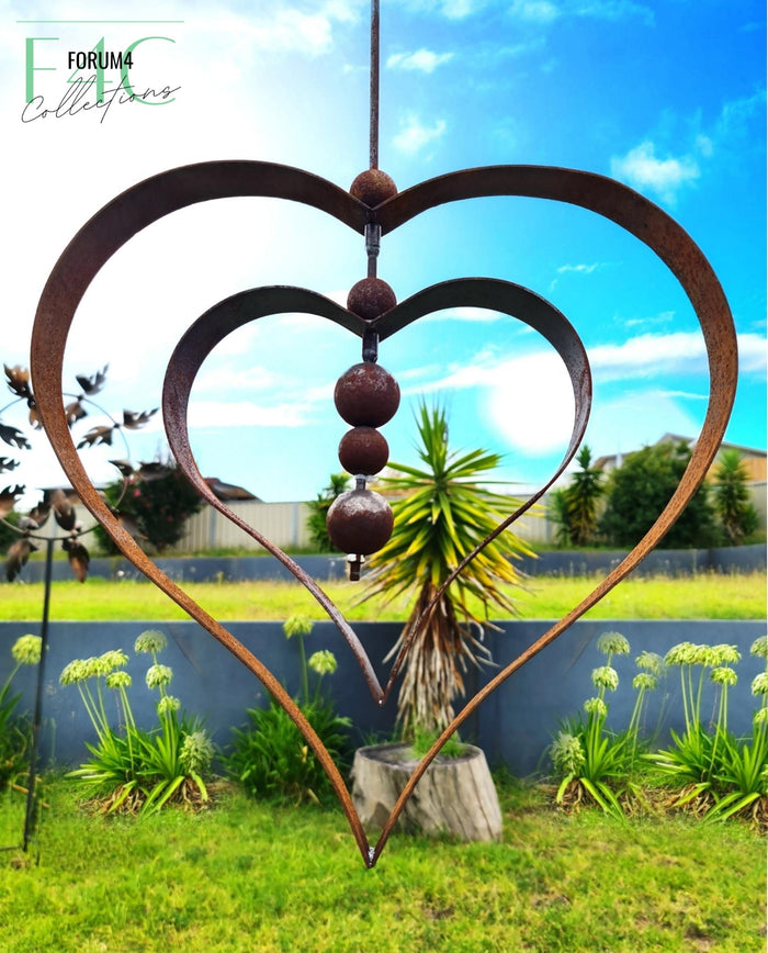 RUSTY HANGING GARDEN ORB - DOUBLE HEARTS - MEDIUM