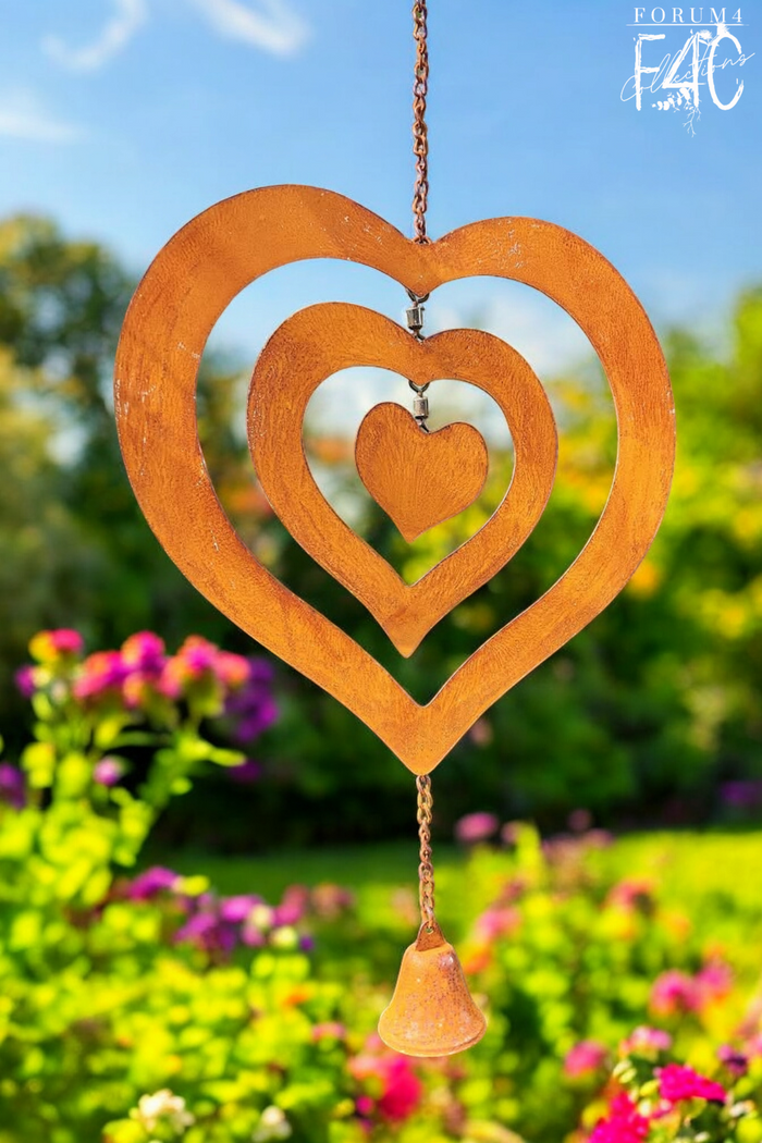 RUSTY HANGING TRIPLE SWIVEL HEARTS WITH BELL