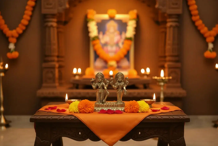 Brass Vishnu Lakshmi idol on lotus, invoking divine prosperity.
