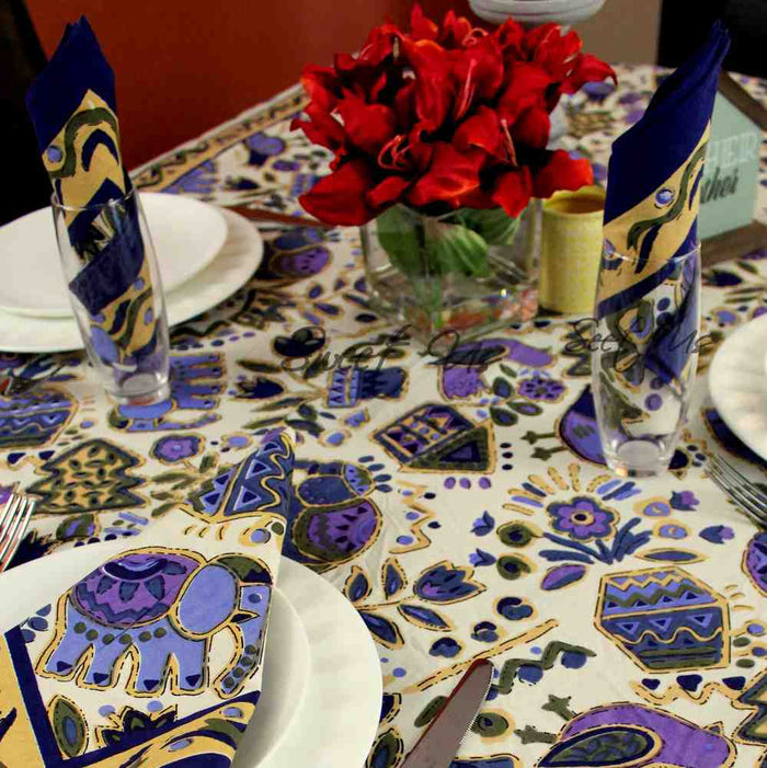 Safari Soiree Avian Floral Cotton Dinner Set of Four Napkins, Violet Gold - Sweet Us