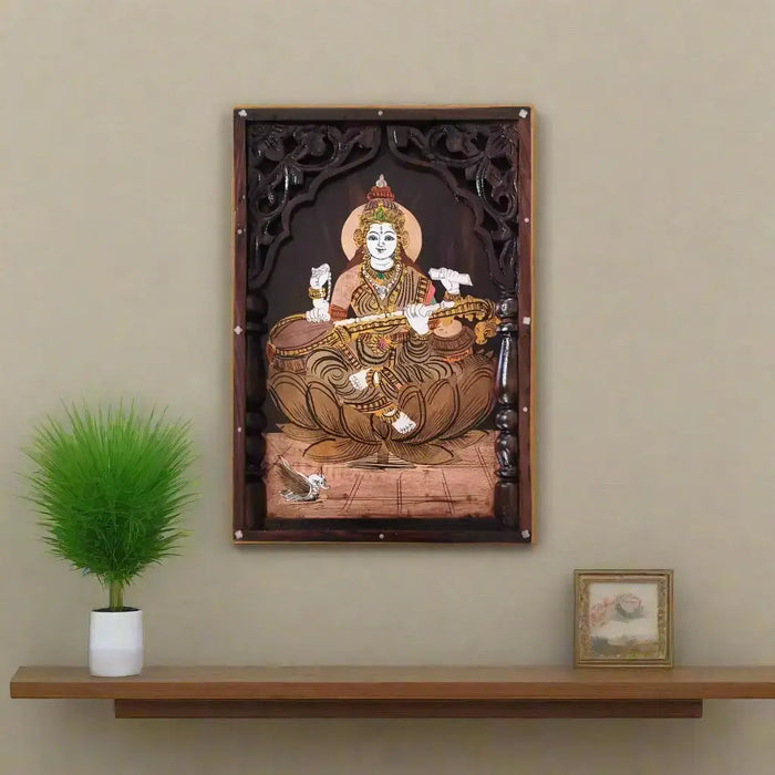Divine Saraswati Rosewood Inlay Panel, a beautiful wall art depicting wisdom and knowledge.