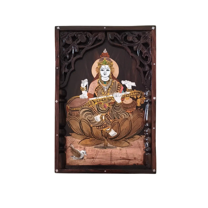 Divine Saraswati Rosewood Inlay Panel artwork depicting wisdom and knowledge.