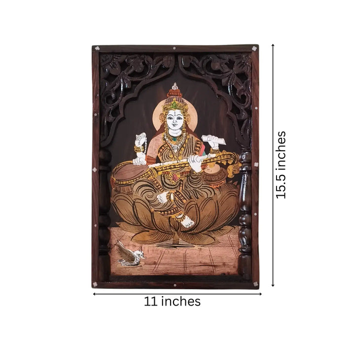 Saraswati Rosewood Inlay Panel, a wall art depicting the goddess of wisdom and knowledge through detailed inlay work.